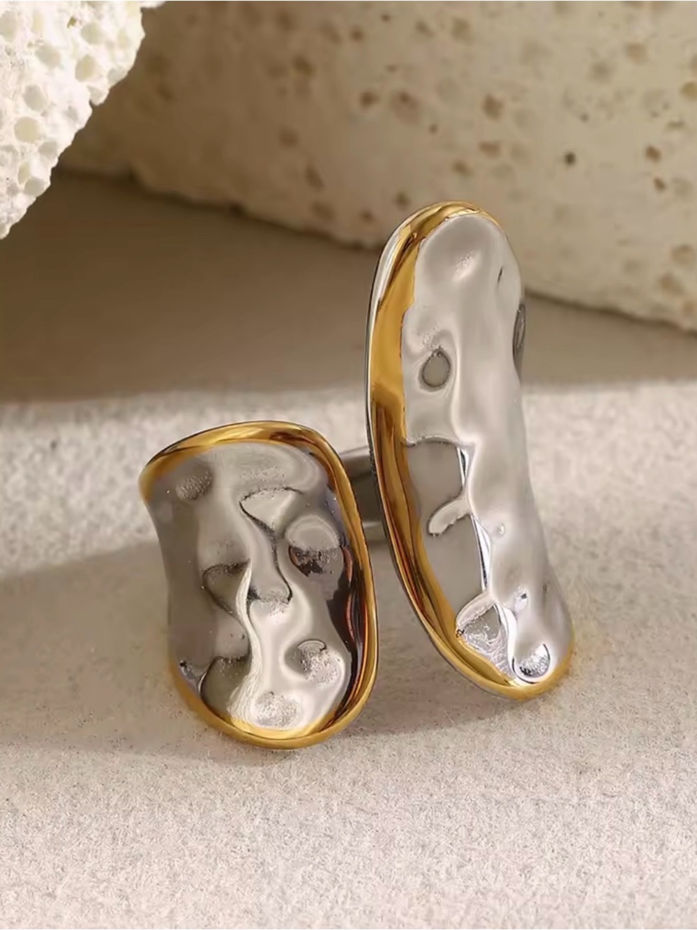Two Tone Sculptural Statement Ring Hammered Silver Gold Modern Organic Jewelry